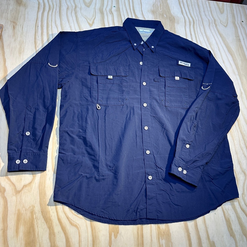 Columbia PFG Bahama II Mens Large Navy Blue Long Sleeve Fishing Shirt